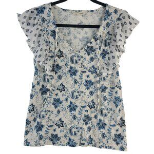 NWOT Lucky Brand Womens Floral Ruffle-Sleeve Top Blue White Cotton Modal Sz S